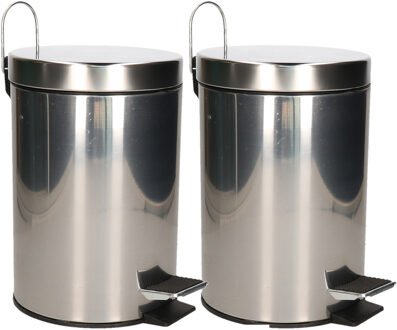 Excellent Houseware Pedaalemmer/prullenbak/vuilnisbak - 2x - 3 liter - zilver - RVS - 17 x 25 cmA - Pedaalemmers Zilverkleurig