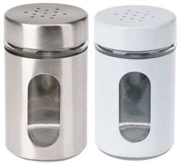 Excellent Houseware Peper- en Zoutstrooier set - glas - wit en zilver - 94 ml