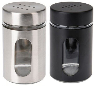 Excellent Houseware Peper- en Zoutstrooier set - glas - zwart en zilver - 94 ml