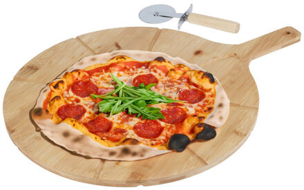 Excellent Houseware Pizza serveerplank met pizzasnijder - bamboe - 38 cm - dubbelzijdig - pizzabord