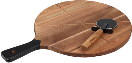 Excellent Houseware Pizza snijplank/bord - met pizzasnijder - 30 cm - acacia hout - pizzabord