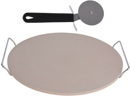 Excellent Houseware Pizzasteen BBQ/oven met handvaten - D35 cm - incl. pizzaroller - 21 cm - Pizzaplaten Beige