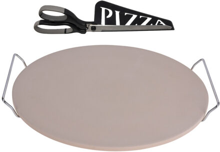 Excellent Houseware Pizzasteen BBQ/oven met handvaten - D35 cm - incl. pizzaschaar - 30 cm - Pizzaplaten Beige