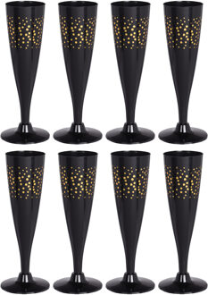 Excellent Houseware Prosecco/champagneglazen - 8x - zwart/goud - kunststof - 130 ml - herbruikbaar