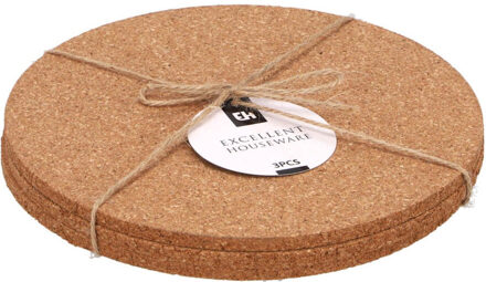 Excellent Houseware Ronde pannen onderzetters - kurk - 3x stuks - D19 cm x H6 mm - hete pannen en schalen Bruin