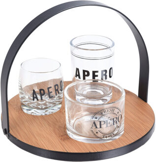 Excellent Houseware Ronde serveerplank bamboe dia 18 cm met 3x luxe hapjes/saus/tapas schaaltjes van glas - Serveerplanken Multikleur