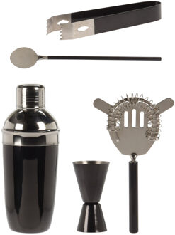 Excellent Houseware RVS barset / cocktailset / giftset met cocktailshaker 5-delig zwart - Cocktailshakers