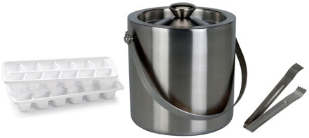 Excellent Houseware RVS ijsemmer inclusief tang 15x18 cm met 2 trays ijsblokjes vormen wit