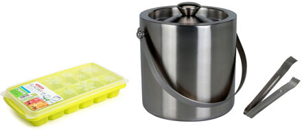 Excellent Houseware RVS ijsemmer inclusief tang 15x18 cm met 2 trays ijsblokjes vormen