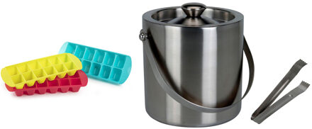 Excellent Houseware RVS ijsemmer inclusief tang 15x18 cm met 3 trays ijsblokjes vormen