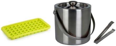 Excellent Houseware RVS ijsemmer - met tang - 15x18 cm - en 2x cocktails ijsblokjes trays