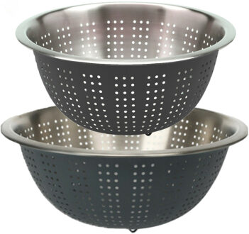 Excellent Houseware RVS keuken vergiet/zeef - set met 2 formaten - antraciet - Diameter 24 en 27 cm