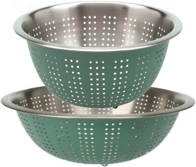 Excellent Houseware RVS keuken vergiet/zeef - set met 2 formaten - groen - Diameter 24 en 27 cm