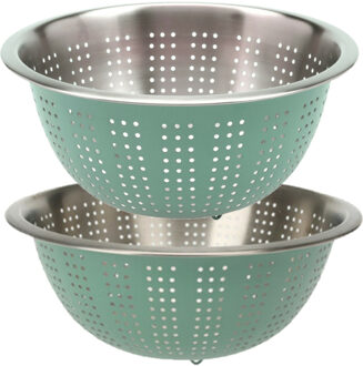 Excellent Houseware RVS keuken vergiet/zeef - set met 2 formaten - mintgroen - Diameter 24 en 27 cm - Vergieten