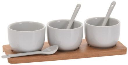 Excellent Houseware Schaaltjes - 3x - wit - porselein - op houten serveerplank - 21 cm - Amuse/tapas/saus