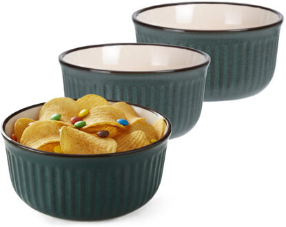 Excellent Houseware Serveer/chips schaaltje Striped - 2x - donkergroen - 14 x 7 cm - keramiek - kommetjes - 500 ml