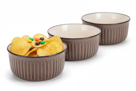 Excellent Houseware Serveer/chips schaaltje Striped - 6x - bruin - 14 x 7 cm - keramiek - kommetjes - 500 ml