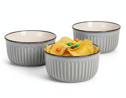 Excellent Houseware Serveer/chips schaaltje Striped - 6x - grijs - 14 x 7 cm - keramiek - kommetjes - 500 ml