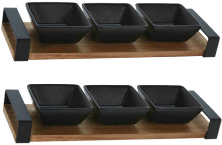 Excellent Houseware serveerplank - 2x stuks - acacia hout - 3 schaaltjes - 32 x 10 cm - aardewerk