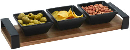 Excellent Houseware serveerplank - acacia hout - 3 schaaltjes - 32 x 10 cm - aardewerk