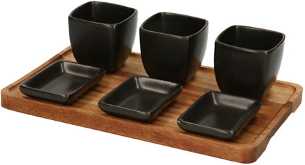 Excellent Houseware Serveerplank acacia hout met 3 hapjes/saus/tapas schaaltjes 25 x 16 cm - Serveerplanken Multikleur