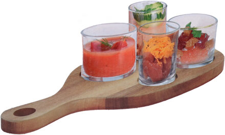 Excellent Houseware Serveerplank acacia met 4x luxe hapjes/saus/tapas glazen schaaltjes - Serveerplanken Multikleur