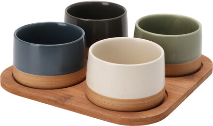 Excellent Houseware Serveerplank bamboe - met 4x luxe schaaltjes - 22 x 22 cm - tapas en saus schaal