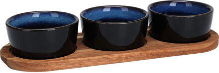 Excellent Houseware Serveerplank/borrelplank hapjes/saus/tapas - keramiek - blauw - incl. 3x schaaltjes - Serveerplanken