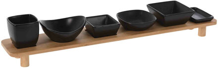 Excellent Houseware Serveerplank met 6 hapjes/saus/tapas schaaltjes hout 50 x 8 cm - Serveerplanken Multikleur