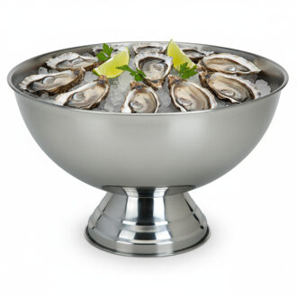 Excellent Houseware Serveerschaal - oesters/zeevruchten - op voet - zilver - rvs - 39 x 24 cm