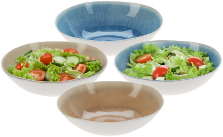 Excellent Houseware Serveerschaal/saladeschaal - set 4 stuks - D30 x H9 cm - bruin / blauw