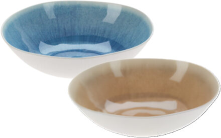 Excellent Houseware Serveerschaal/saladeschaal set - D30 x H9 cm - kunststof - bruin / blauw - rond