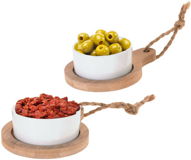 Excellent Houseware Serveerschaaltjes op plankje - 4 stuks - porselein - hout - 8 x 4 cm