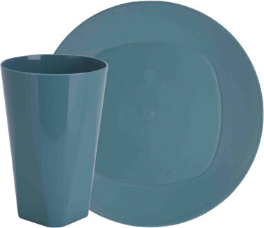 Excellent Houseware Serviesset 16-delig - kunststof - petrol - 8 personen - Campingborden