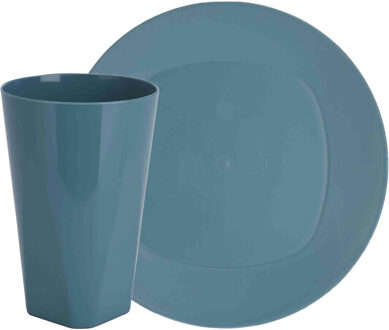 Excellent Houseware Serviesset 16-delig - kunststof - petrol - 8 personen - Campingborden