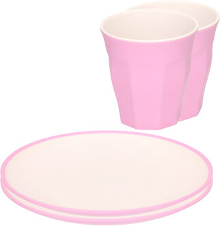 Excellent Houseware Set van 12x onbreekbare kunststof/melamine roze ontbijt bordjes/bekers - Campingborden