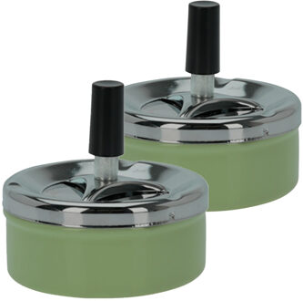 Excellent Houseware Set van 2x stuks druk en draai tafel asbak metaal groen/chrome 9 x 5 cm