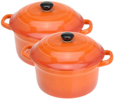 Excellent Houseware Set van 2x stuks mini stoofpannetjes/ovenschaaltjes met deksel oranje 9 cm van porselein - Ovenschalen