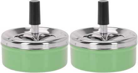 Excellent Houseware Set van 2x stuks ronde draaiasbak/drukasbak metaal 10 cm groen voor binnen/buiten - Asbakken