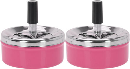 Excellent Houseware Set van 2x stuks ronde draaiasbak/drukasbak metaal 10 cm roze voor binnen/buiten - Asbakken