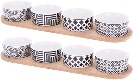 Excellent Houseware Set van 2x stuks serveerplanken bamboe 38 x 10 cm met 8x luxe hapjes/saus/tapas porselein schaaltjes