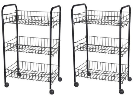 Excellent Houseware Set van 2x stuks zwarte keuken trolleys met manden op wielen 0 x 26 x 62 cm - Keukentrolleys - Keuken/badkamer rekje van metaal