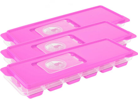 Excellent Houseware Set van 3x stuks trays met ijsklontjes/ijsblokjes vormpjes 12 vakjes kunststof roze met afsluitdekse - IJsblokjesvormen