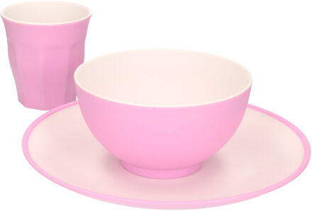 Excellent Houseware Set van 6x onbreekbare kunststof/melamine roze ontbijt bordjes/bekers en kommetjes - Campingborden