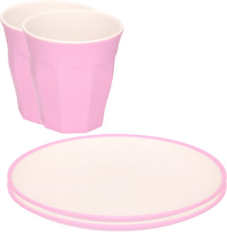 Excellent Houseware Set van 8x onbreekbare kunststof/melamine roze ontbijt bordjes/bekers - Campingborden