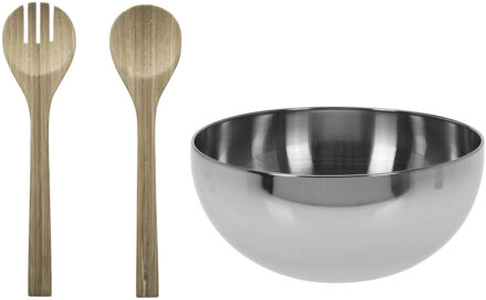 Excellent Houseware Slakom/schaal met bamboe slacouvert - RVS - D24 cm