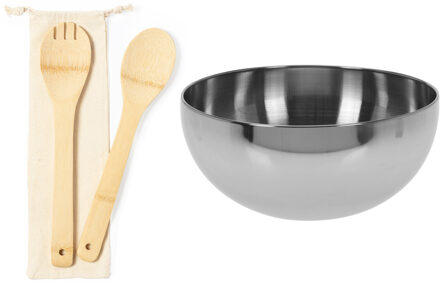 Excellent Houseware Slakom/schaal met bamboe slacouvert - RVS - D24 cm