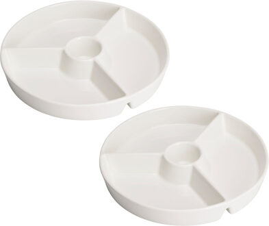 Excellent Houseware Snackschaal / serveerschaal - 2x - met vakverdeling - wit - porselein - D26 cm - Serveerschalen