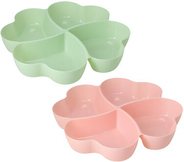 Excellent Houseware Snackschaal / serveerschaal bloem - set 2x - met vakverdeling - groen / roze - kunststof - D32 cm