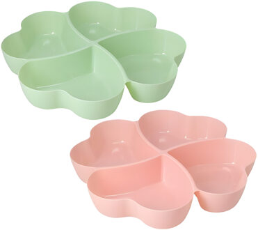 Excellent Houseware Snackschaal / serveerschaal bloem - set 2x - met vakverdeling - roze / groen - kunststof - D32 cm